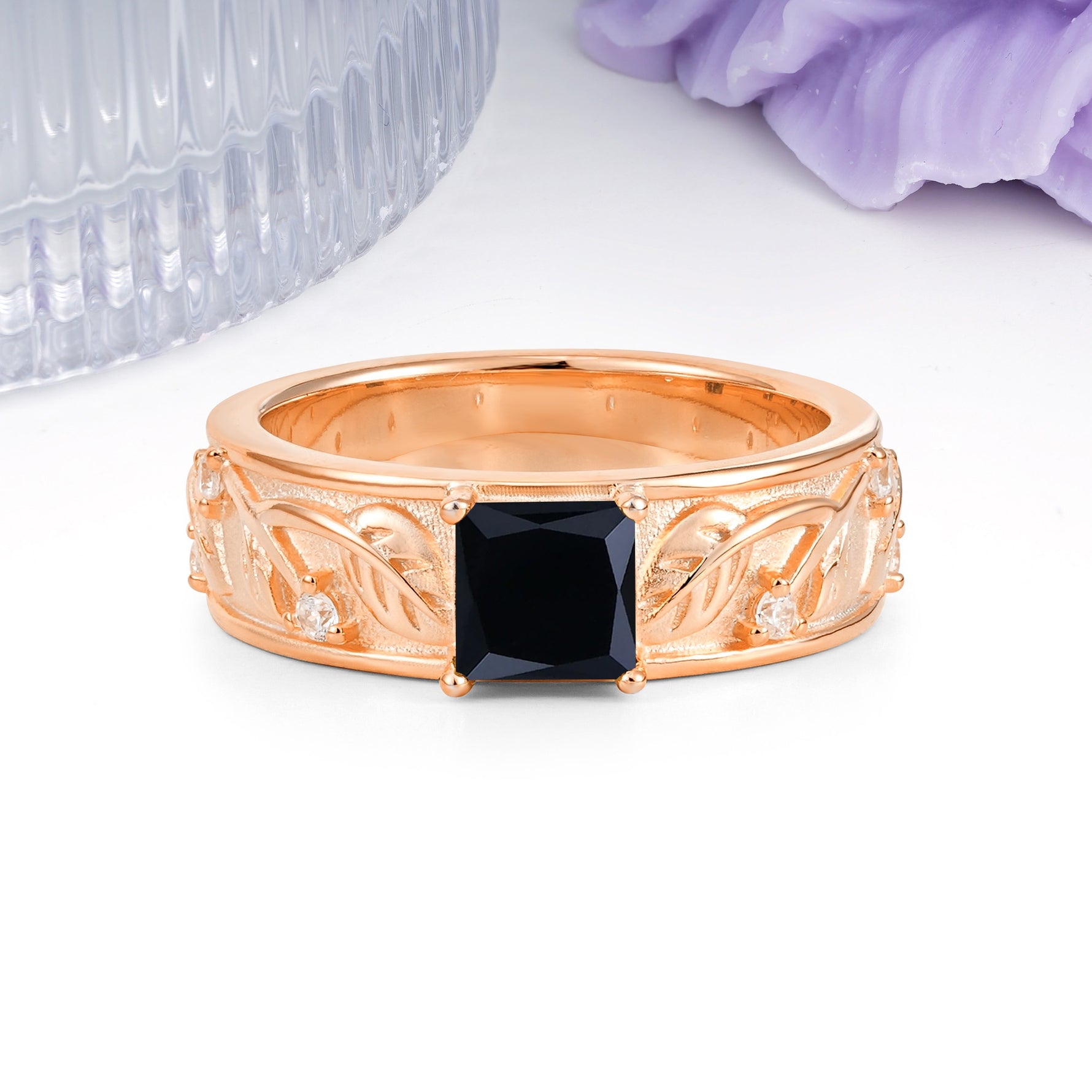 Nature-Inspired Luxury 4-Prong Black Onyx Engagement Ring - Additional view