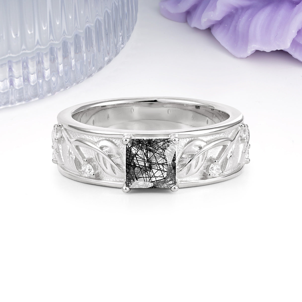 Nature-Inspired Luxury 4-Prong Black Rutilated Quartz Engagement Ring - Additional view