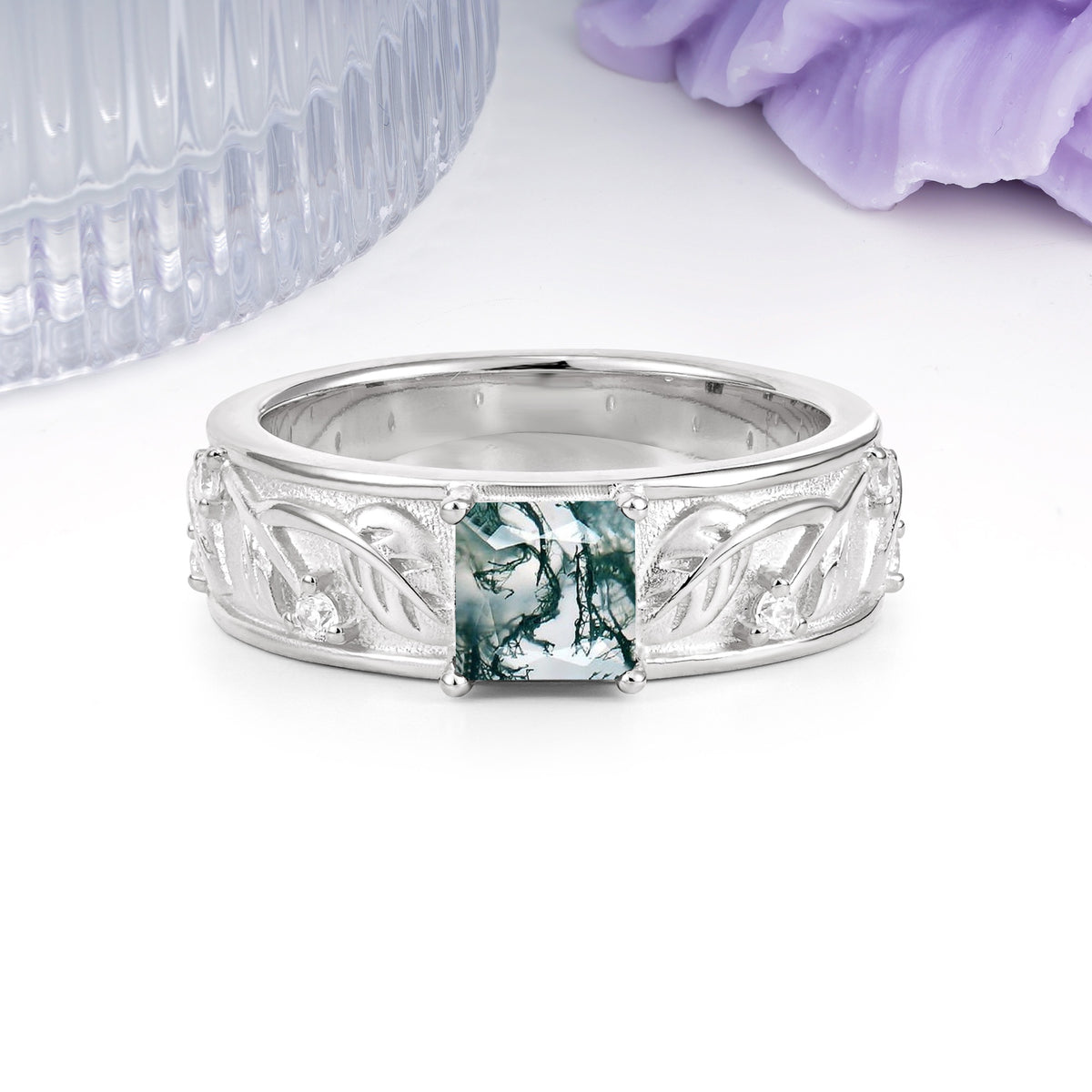 Nature-Inspired Luxury 4-Prong Moss Agate Engagement Ring - Additional view