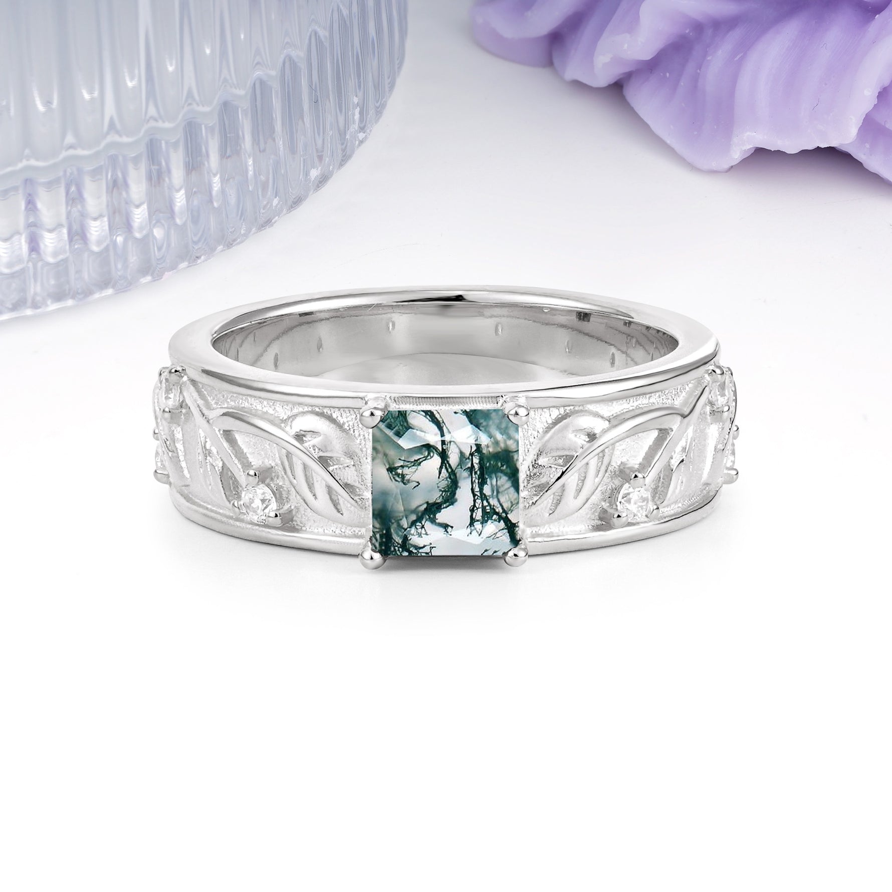 Nature-Inspired Luxury 4-Prong Moss Agate Engagement Ring - Additional view
