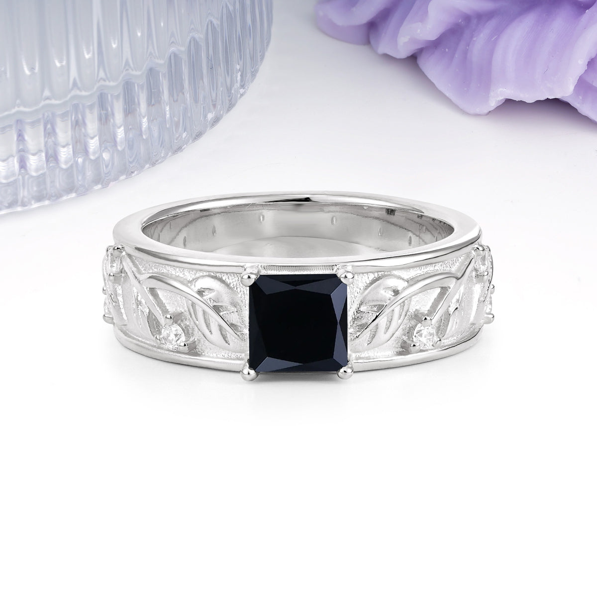 Nature-Inspired Luxury 4-Prong Black Onyx Engagement Ring - Additional view