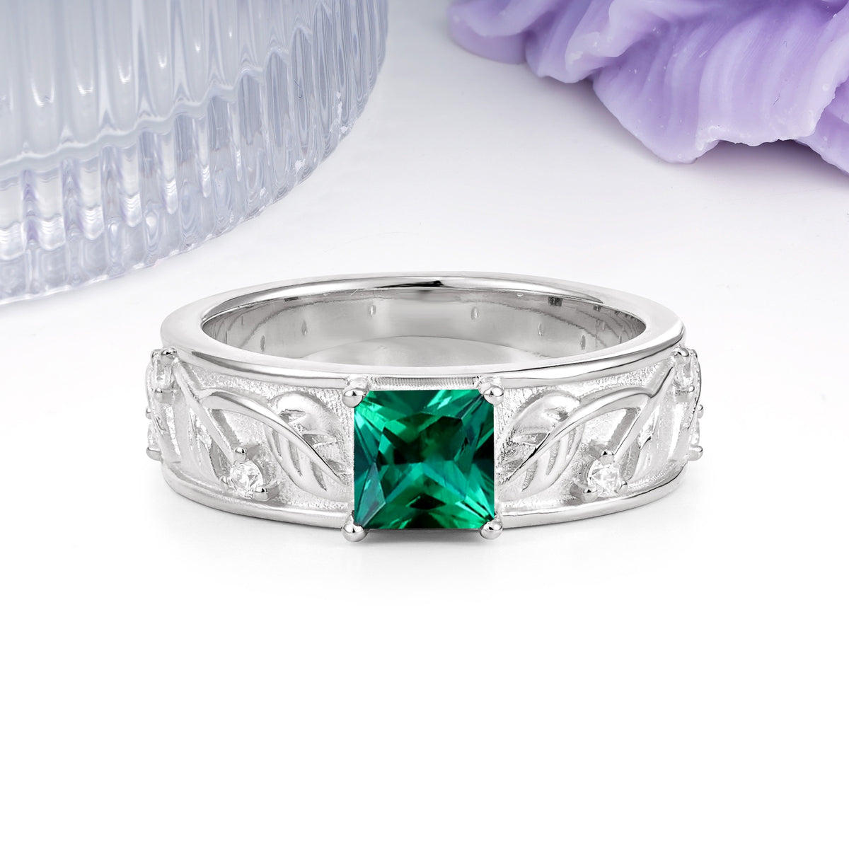 Nature-Inspired Luxury 4-Prong Emerald Engagement Ring - Additional view