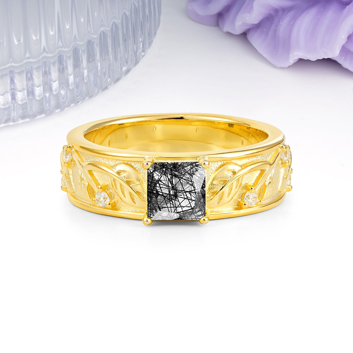 Nature-Inspired Luxury 4-Prong Black Rutilated Quartz Engagement Ring - Additional view