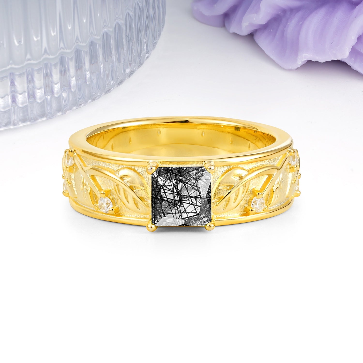 Nature-Inspired Luxury 4-Prong Black Rutilated Quartz Engagement Ring - Additional view