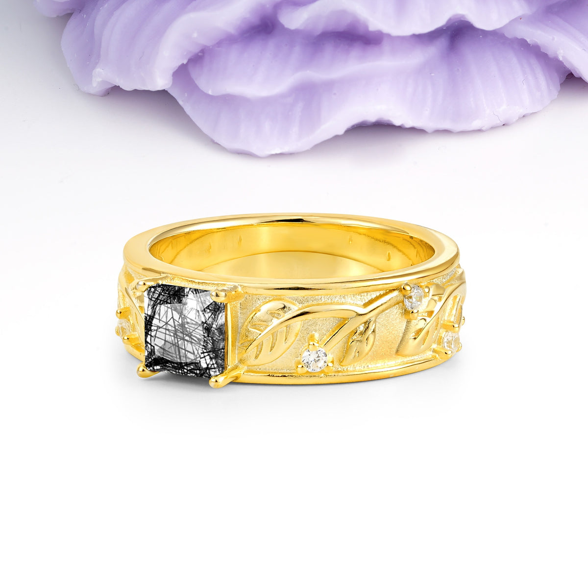 Nature-Inspired Luxury 4-Prong Black Rutilated Quartz Engagement Ring - Additional view