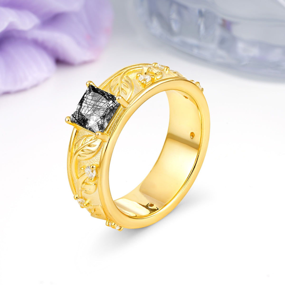 Nature-Inspired Luxury 4-Prong Black Rutilated Quartz Engagement Ring - Additional view