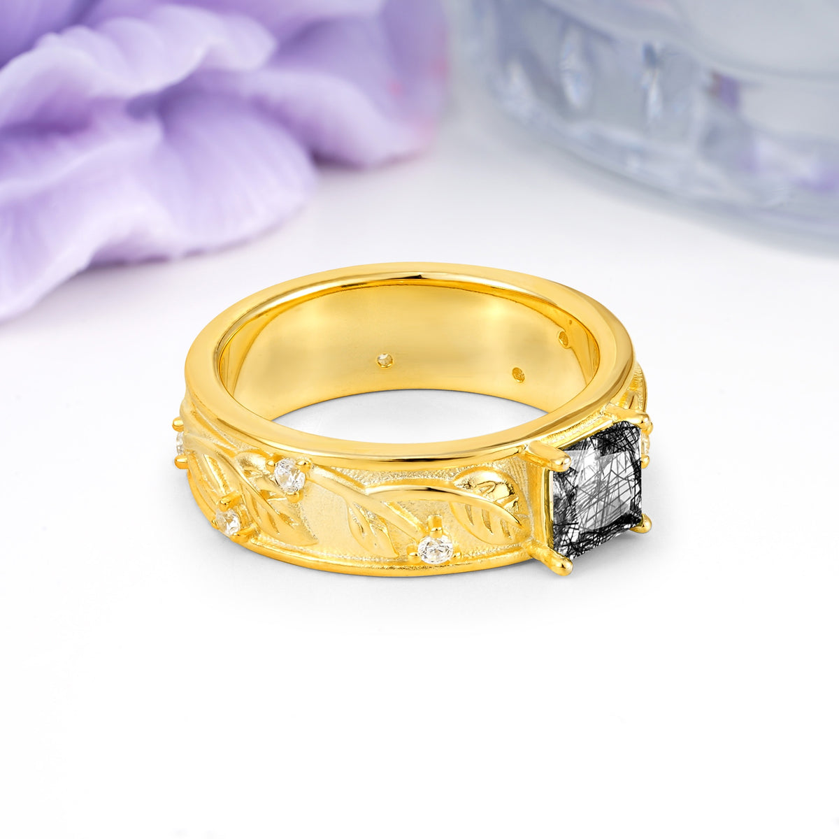 Nature-Inspired Luxury 4-Prong Black Rutilated Quartz Engagement Ring - Additional view