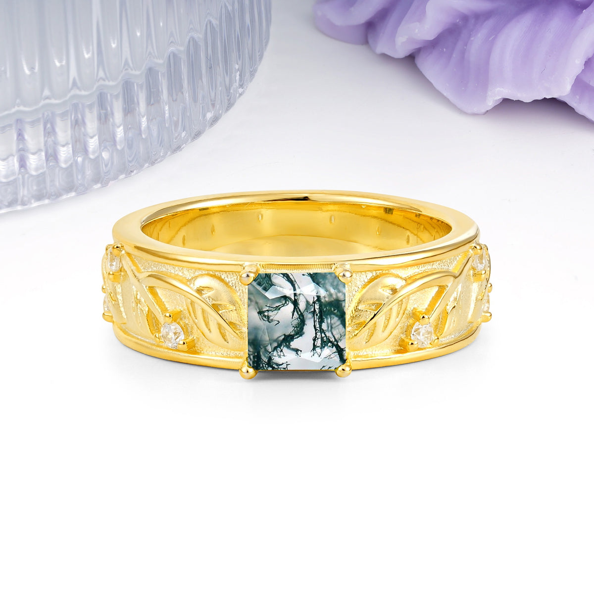 Nature-Inspired Luxury 4-Prong Moss Agate Engagement Ring - Additional view