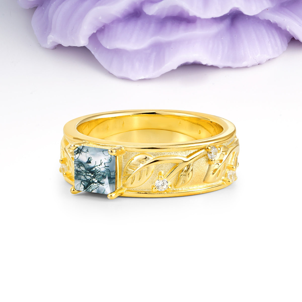 Nature-Inspired Luxury 4-Prong Moss Agate Engagement Ring - Additional view