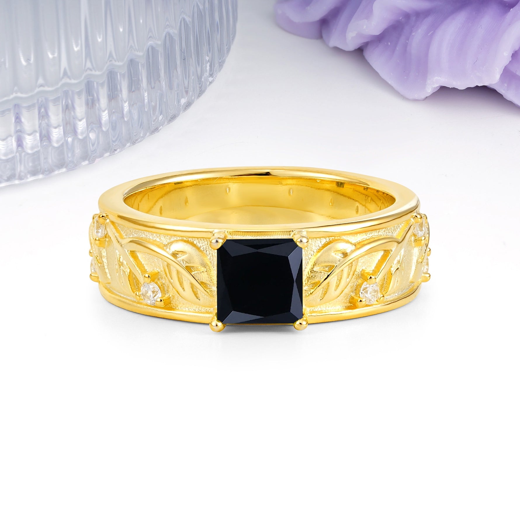 Nature-Inspired Luxury 4-Prong Black Onyx Engagement Ring - Additional view