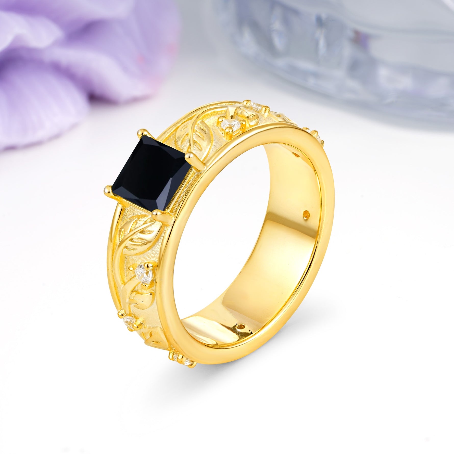 Nature-Inspired Luxury 4-Prong Black Onyx Engagement Ring - Additional view