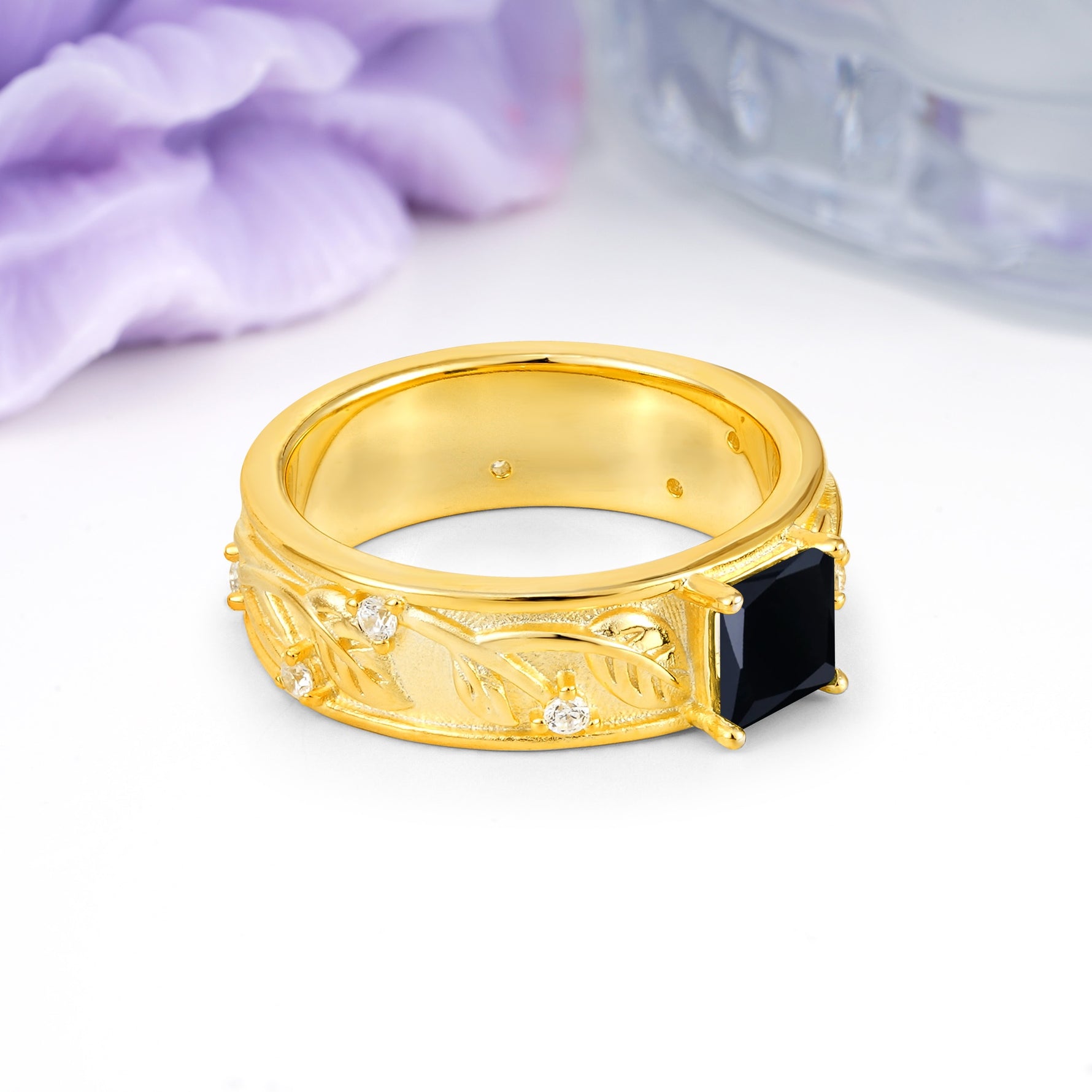 Nature-Inspired Luxury 4-Prong Black Onyx Engagement Ring - Additional view