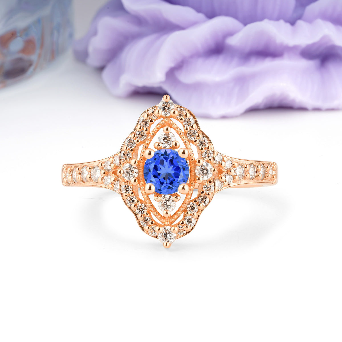 Vintage Art‑Deco Round Cut Sapphire Open‑Filigree Halo Engagement Ring - Additional view