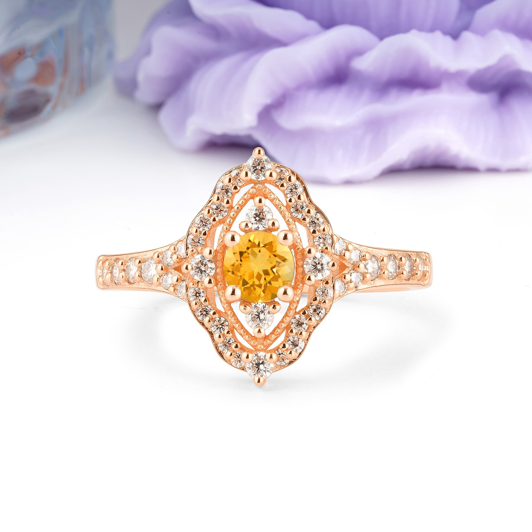 Vintage Art‑Deco Round Cut Citrine Open‑Filigree Halo Engagement Ring - Additional view