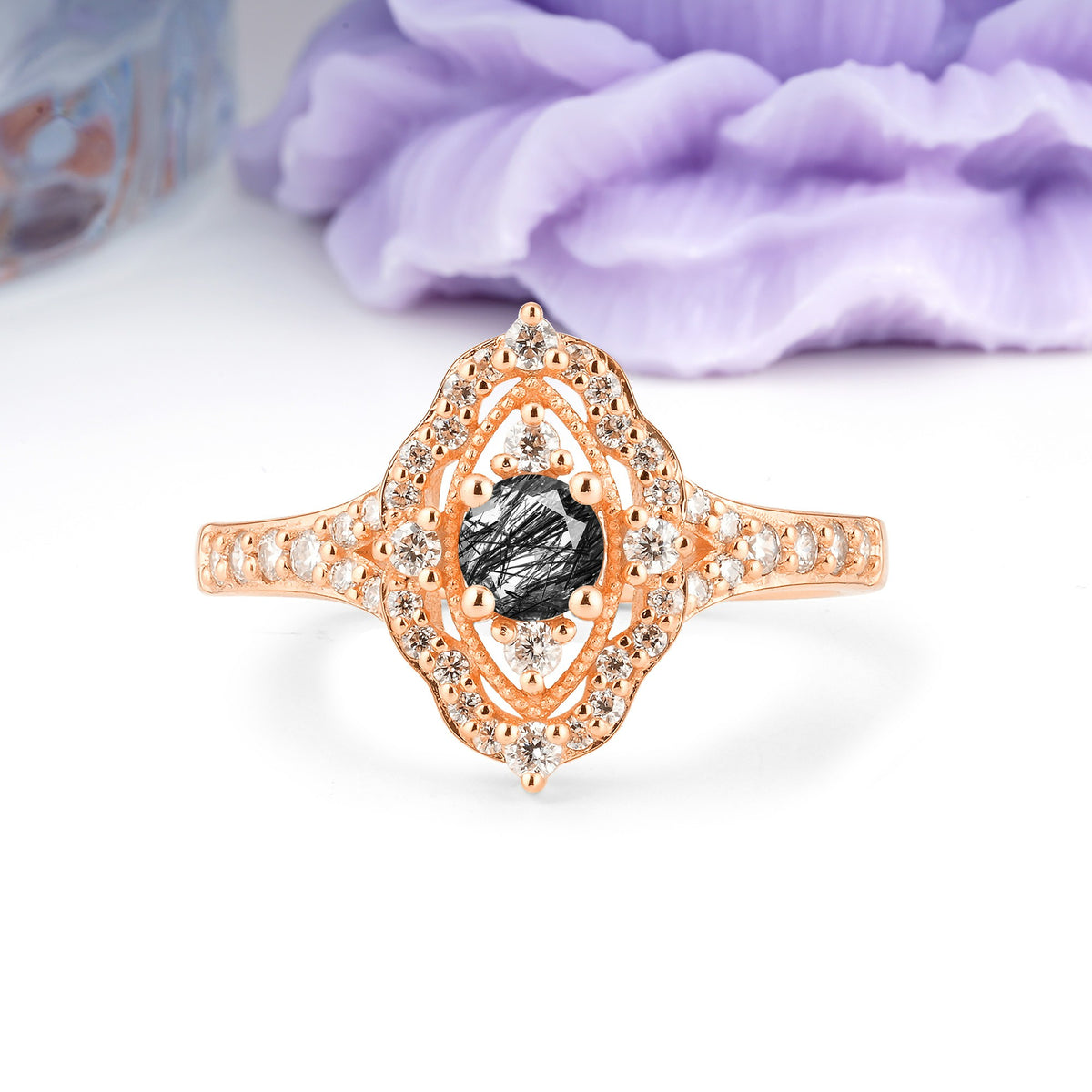 Vintage Art‑Deco Round Cut Black Rutilated Quartz Open‑Filigree Halo Engagement Ring - Additional view