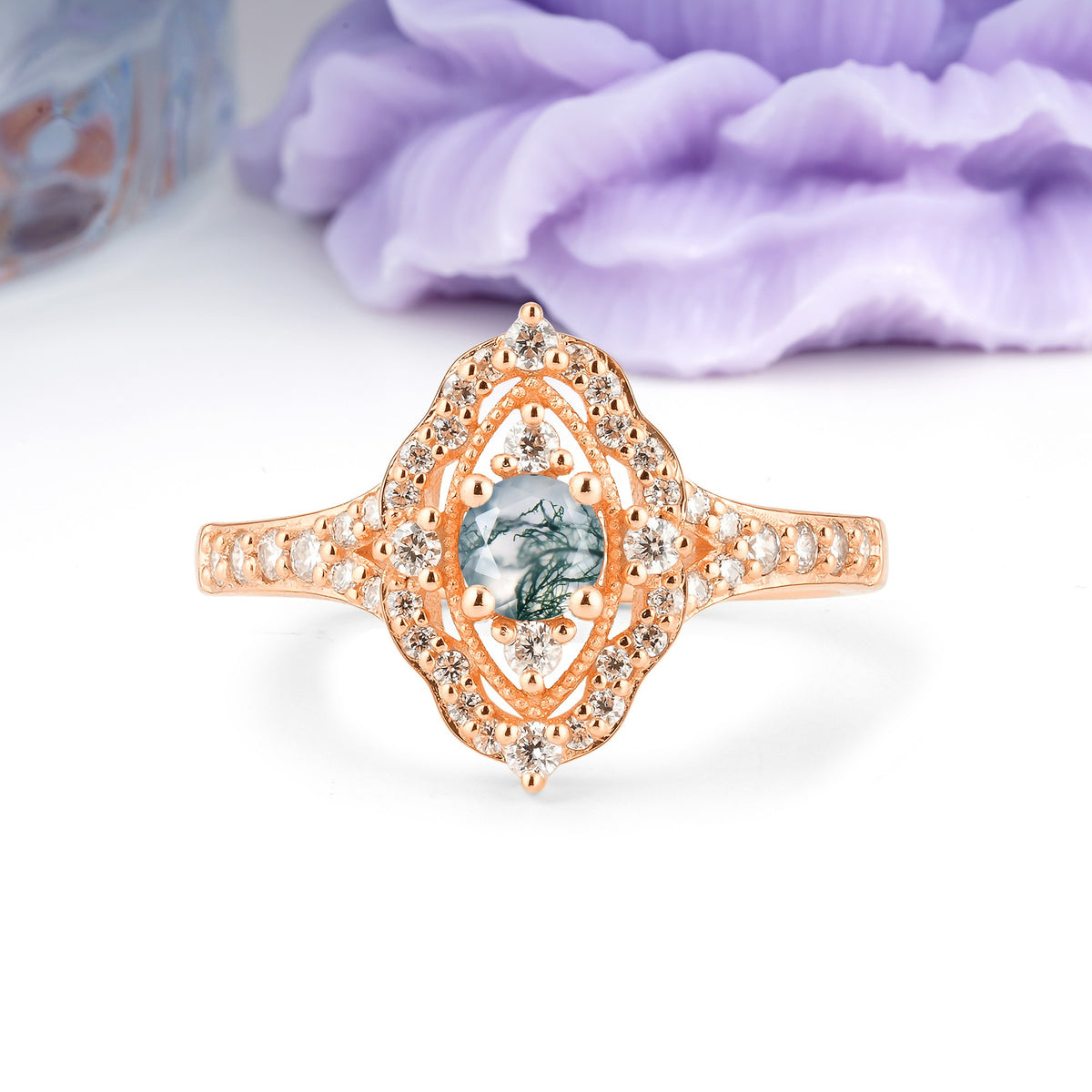 Vintage Art‑Deco Round Cut Moss Agate Open‑Filigree Halo Engagement Ring - Additional view