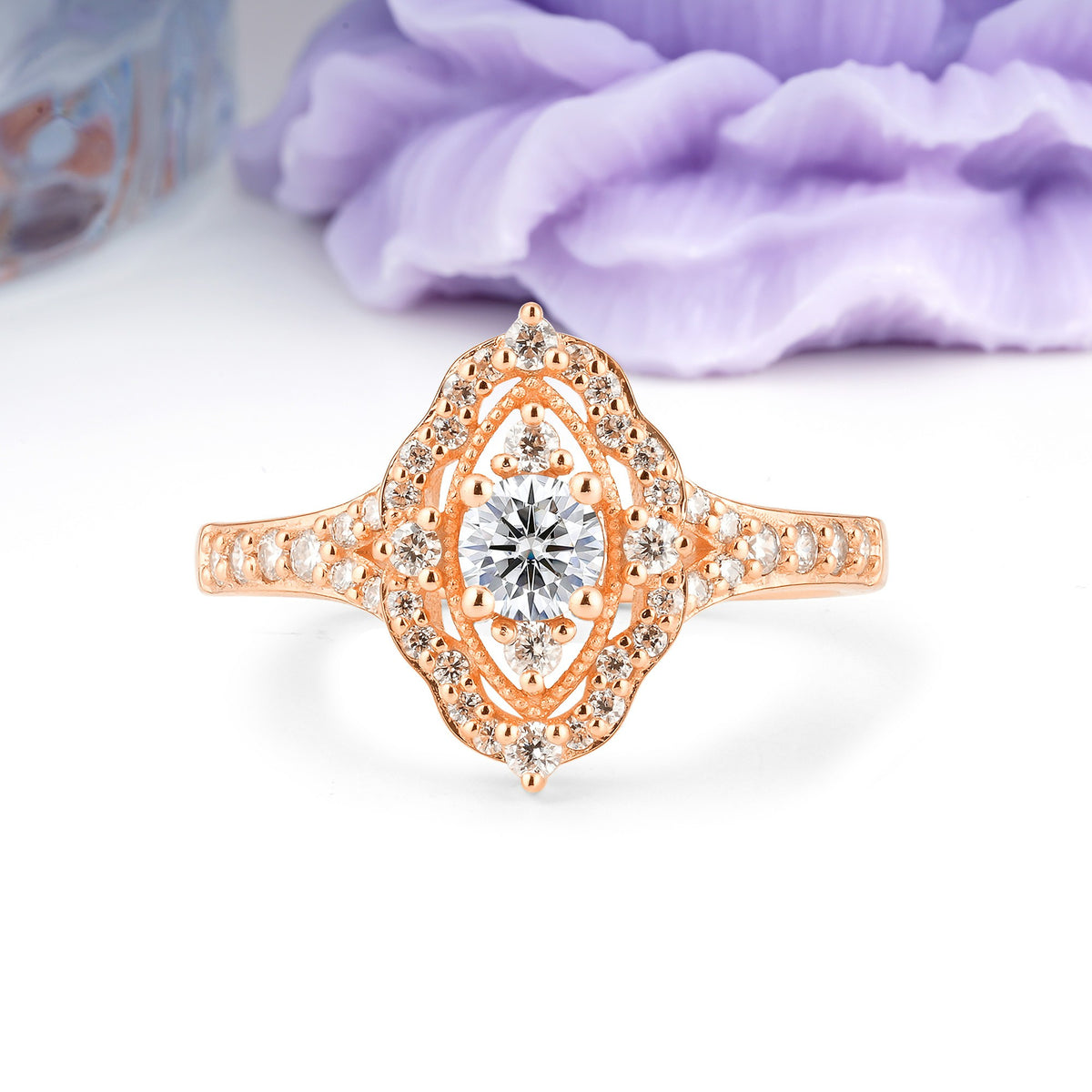 Vintage Art‑Deco Round Cut Lab Diamond Open‑Filigree Halo Engagement Ring - Additional view