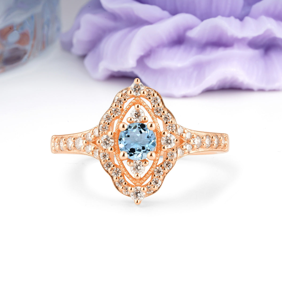 Vintage Art‑Deco Round Cut Aquamarine Open‑Filigree Halo Engagement Ring - Additional view