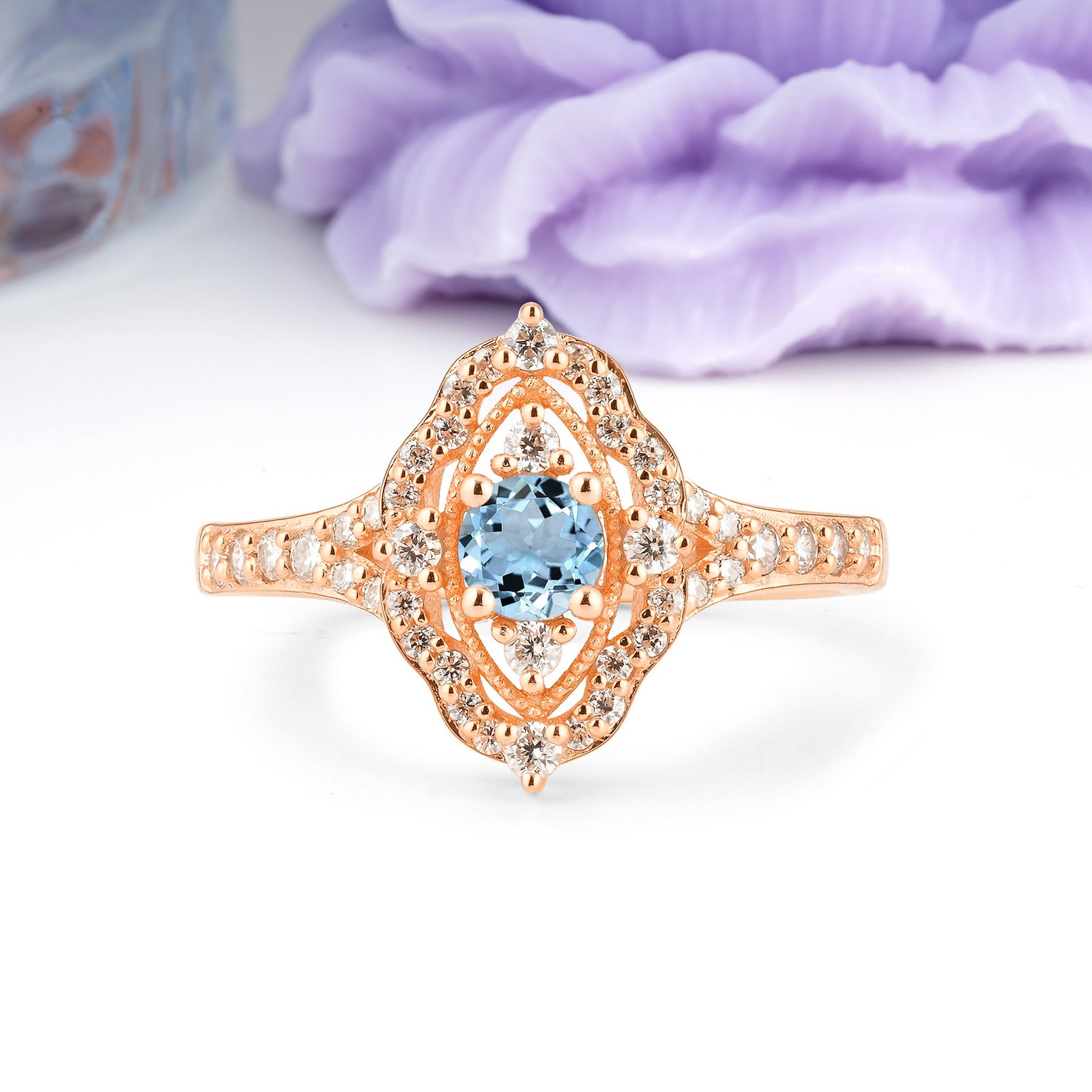 Vintage Art‑Deco Round Cut Aquamarine Open‑Filigree Halo Engagement Ring - Additional view