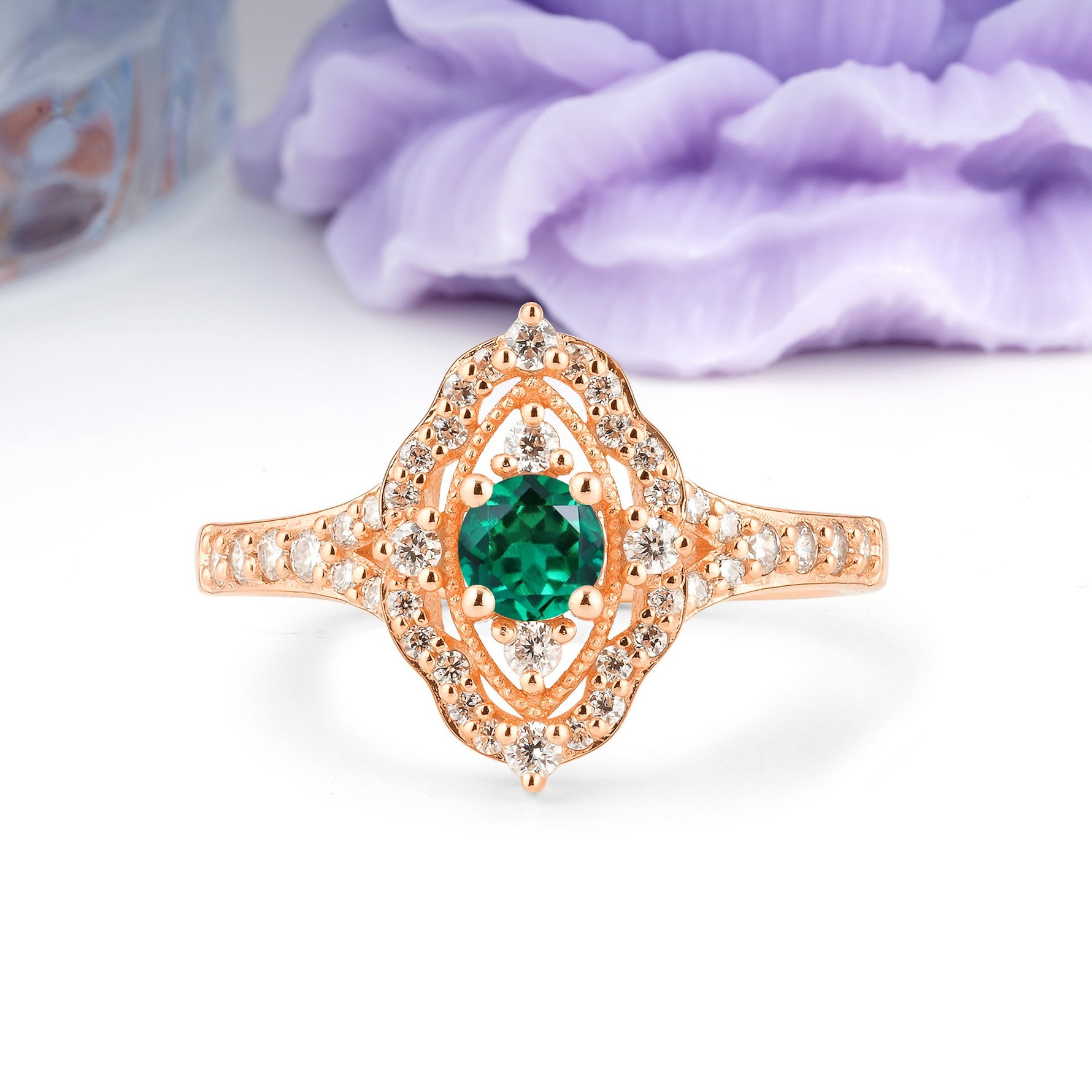 Vintage Art‑Deco Round Cut Emerald Open‑Filigree Halo Engagement Ring - Additional view