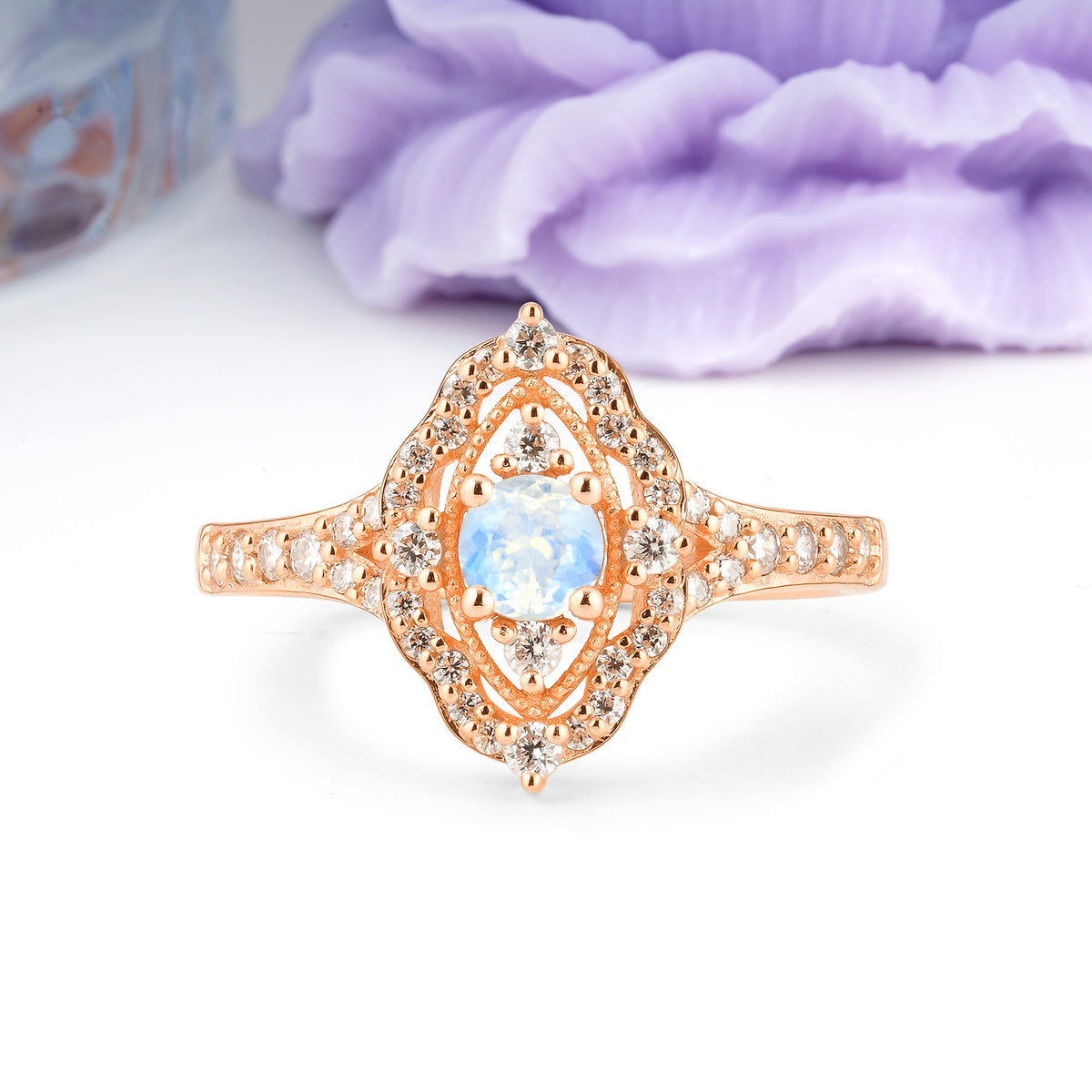 Vintage Art‑Deco Round Cut Moonstone Open‑Filigree Halo Engagement Ring - Additional view
