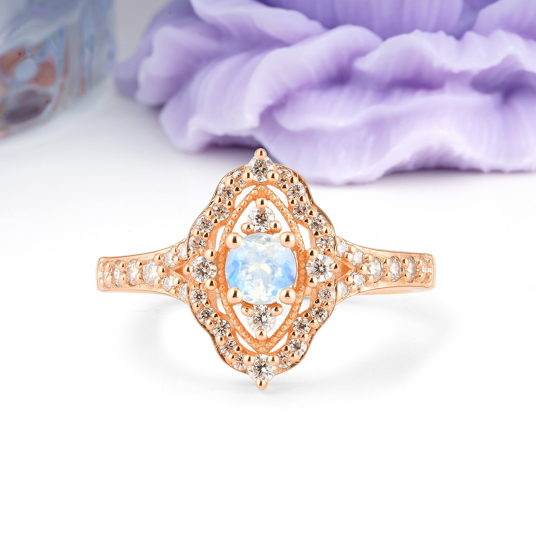 Vintage Art‑Deco Round Cut Moonstone Open‑Filigree Halo Engagement Ring - Additional view
