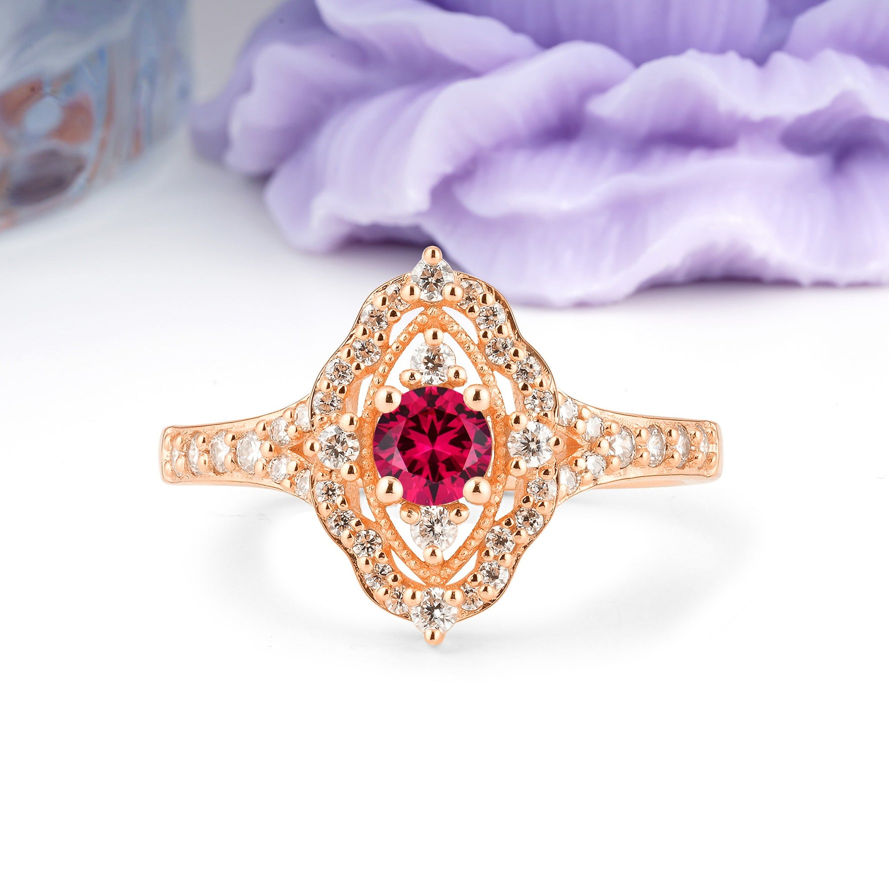 Vintage Art‑Deco Round Cut Ruby Open‑Filigree Halo Engagement Ring - Additional view
