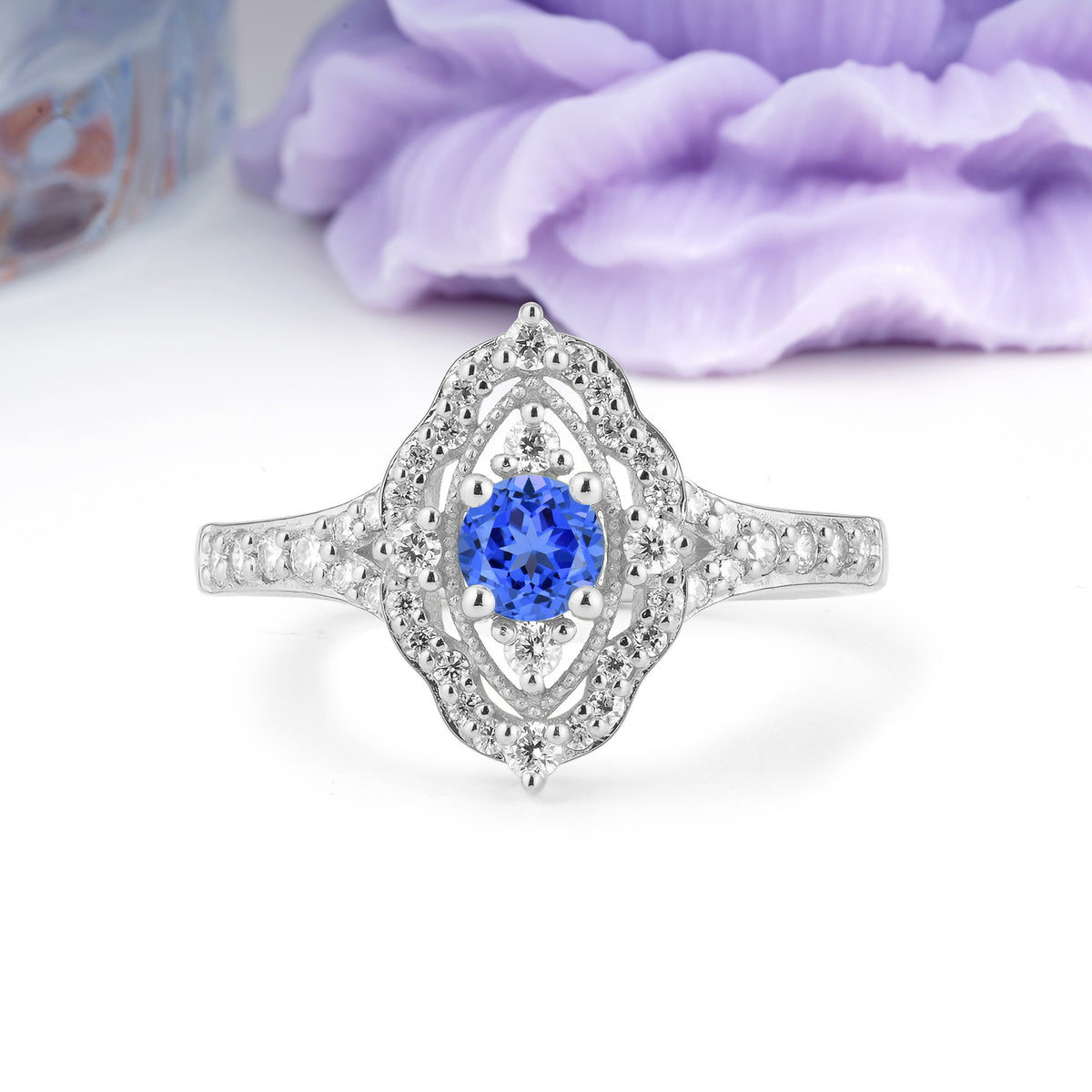 Vintage Art‑Deco Round Cut Sapphire Open‑Filigree Halo Engagement Ring - Additional view