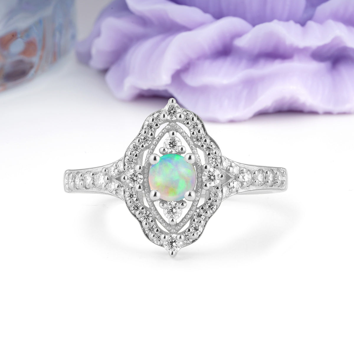 Vintage Art‑Deco Round Cut Fire Opal Open‑Filigree Halo Engagement Ring - Additional view