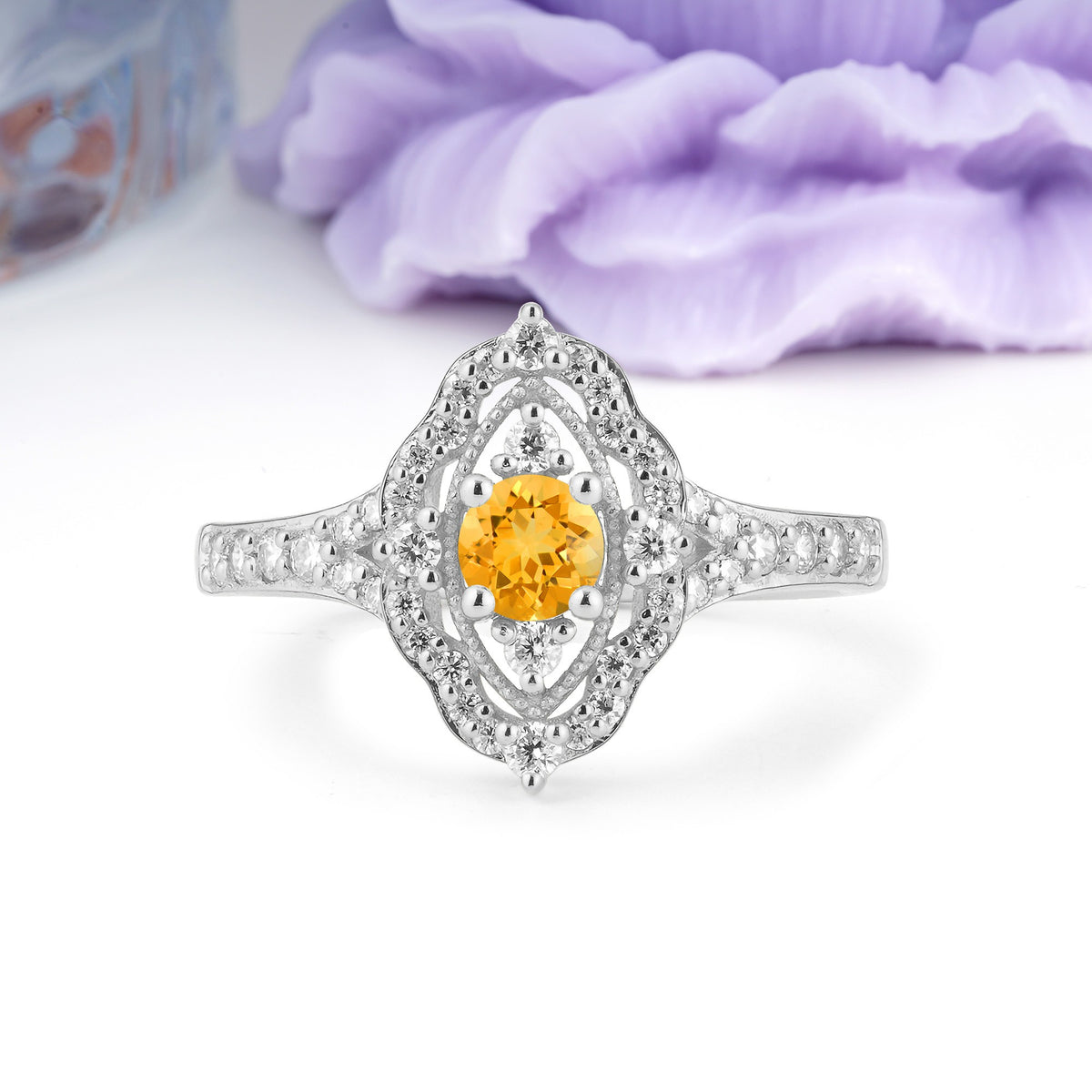 Vintage Art‑Deco Round Cut Citrine Open‑Filigree Halo Engagement Ring - Additional view
