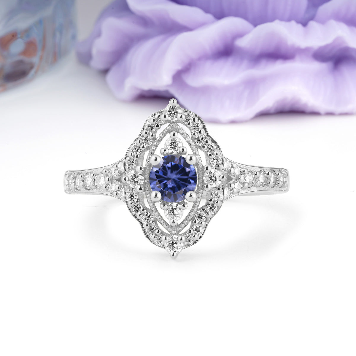 Vintage Art‑Deco Round Cut Tanzanite Open‑Filigree Halo Engagement Ring - Additional view