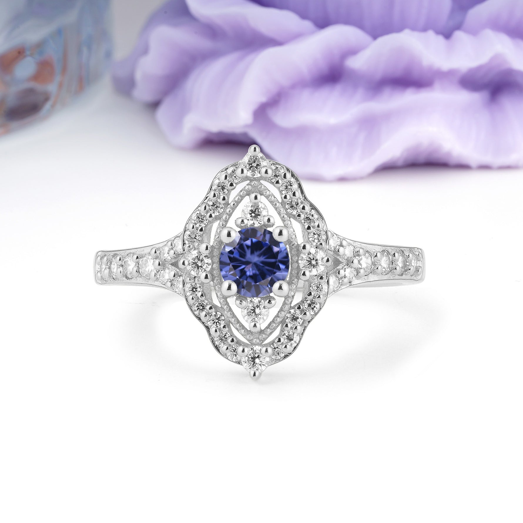 Vintage Art‑Deco Round Cut Tanzanite Open‑Filigree Halo Engagement Ring - Additional view