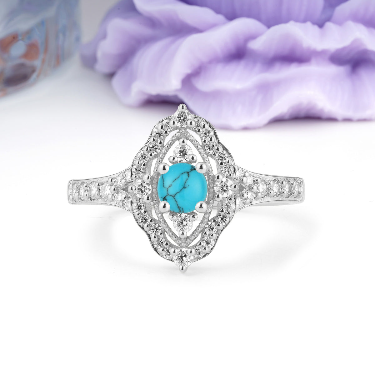 Vintage Art‑Deco Round Cut Turquoise Open‑Filigree Halo Engagement Ring - Additional view
