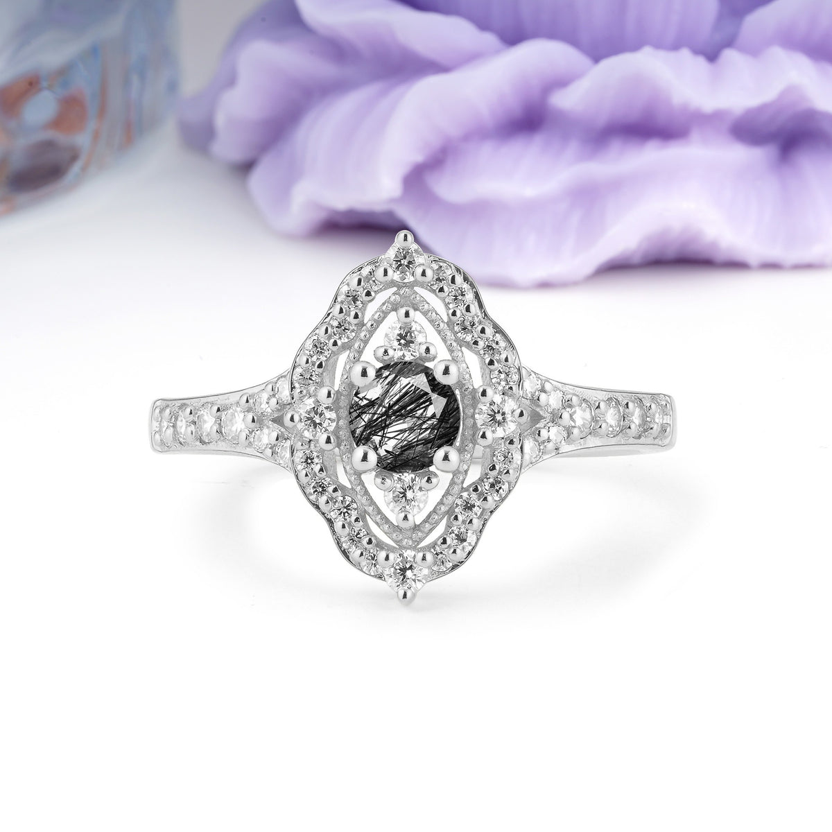 Vintage Art‑Deco Round Cut Black Rutilated Quartz Open‑Filigree Halo Engagement Ring - Additional view
