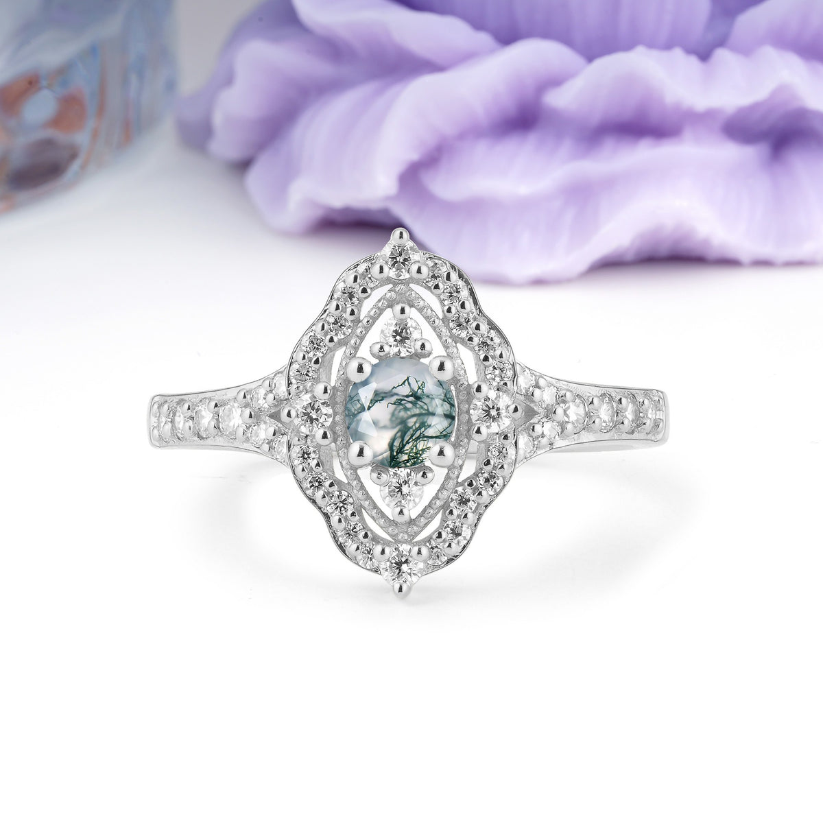 Vintage Art‑Deco Round Cut Moss Agate Open‑Filigree Halo Engagement Ring - Additional view