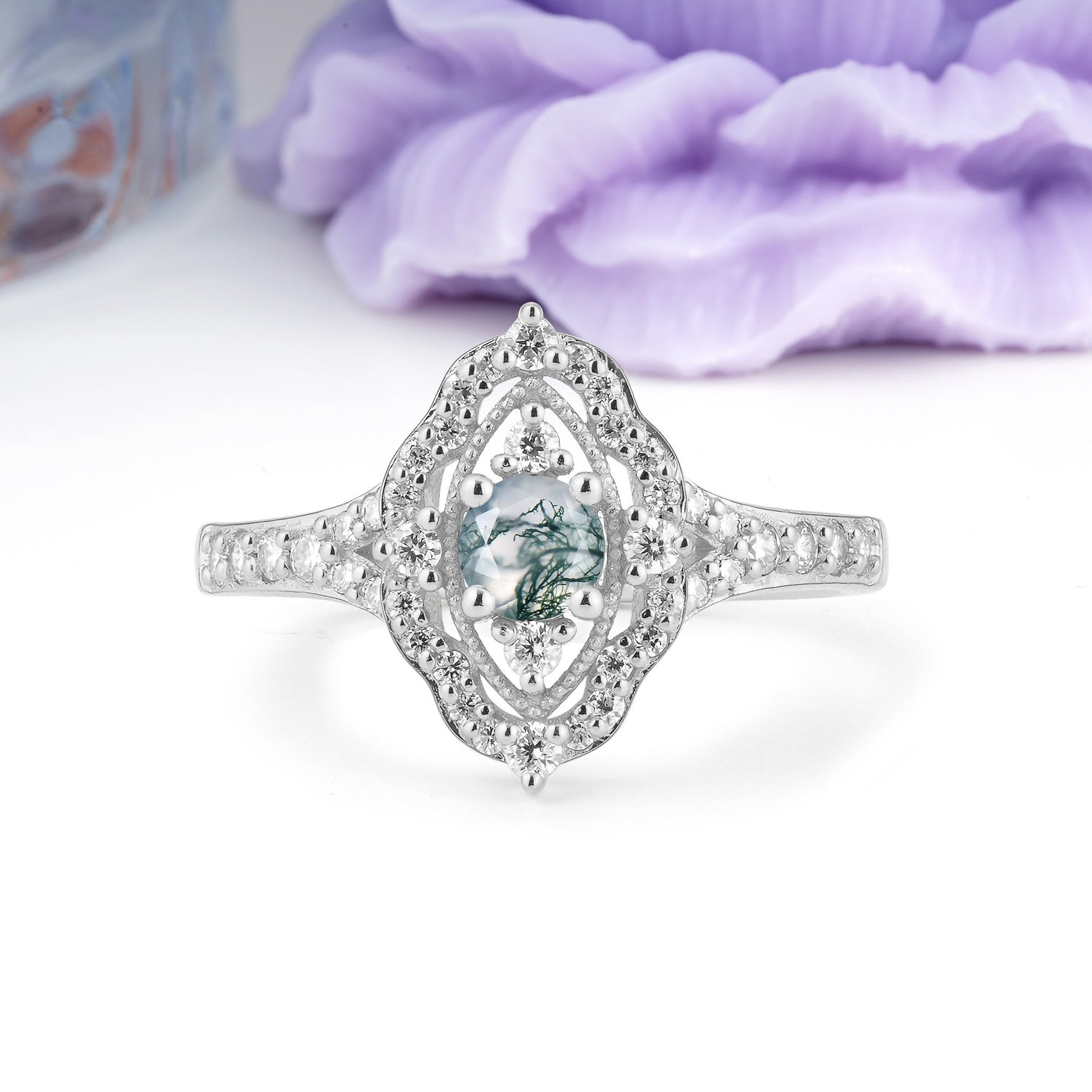 Vintage Art‑Deco Round Cut Moss Agate Open‑Filigree Halo Engagement Ring - Additional view