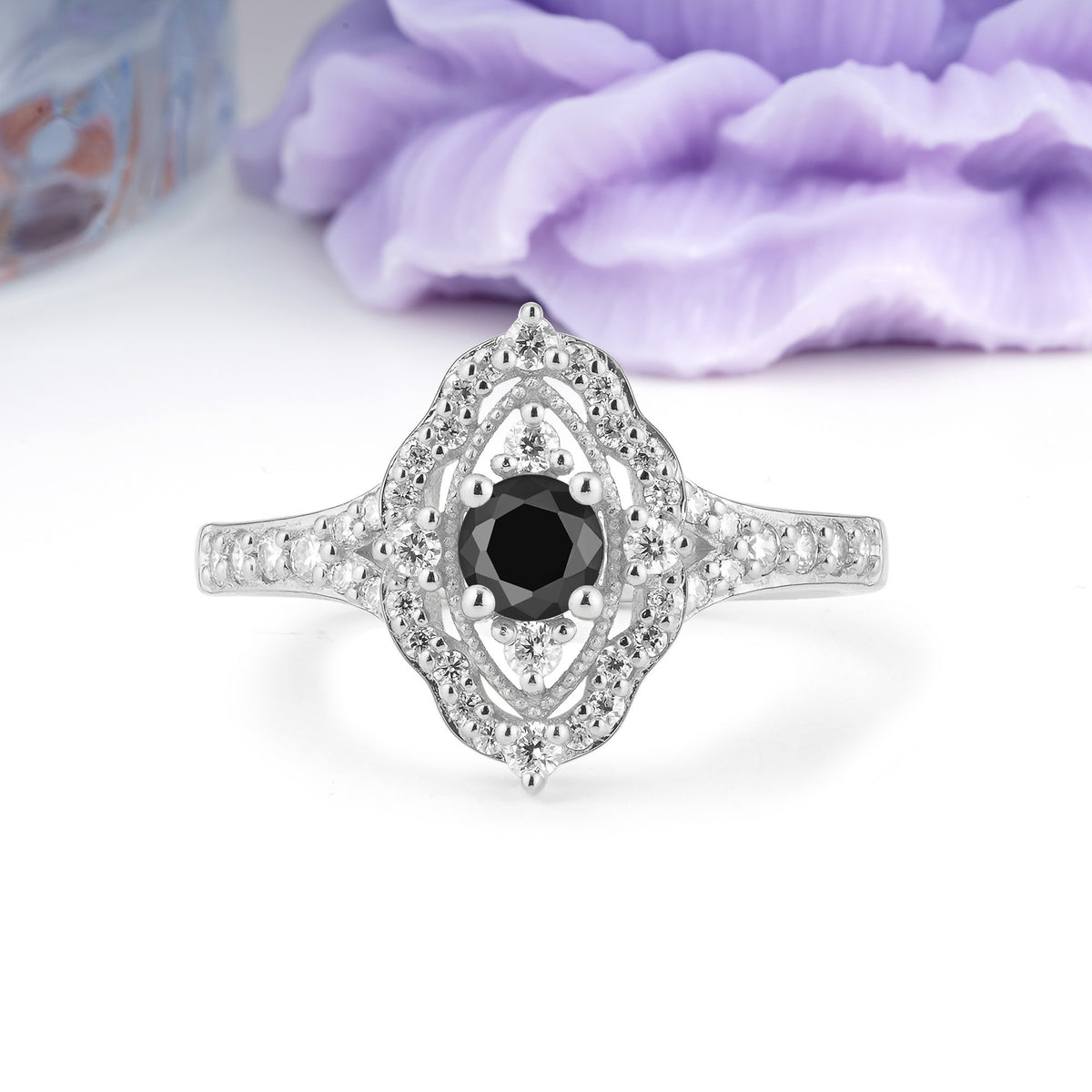 Vintage Art‑Deco Round Cut Black Onyx Open‑Filigree Halo Engagement Ring - Additional view