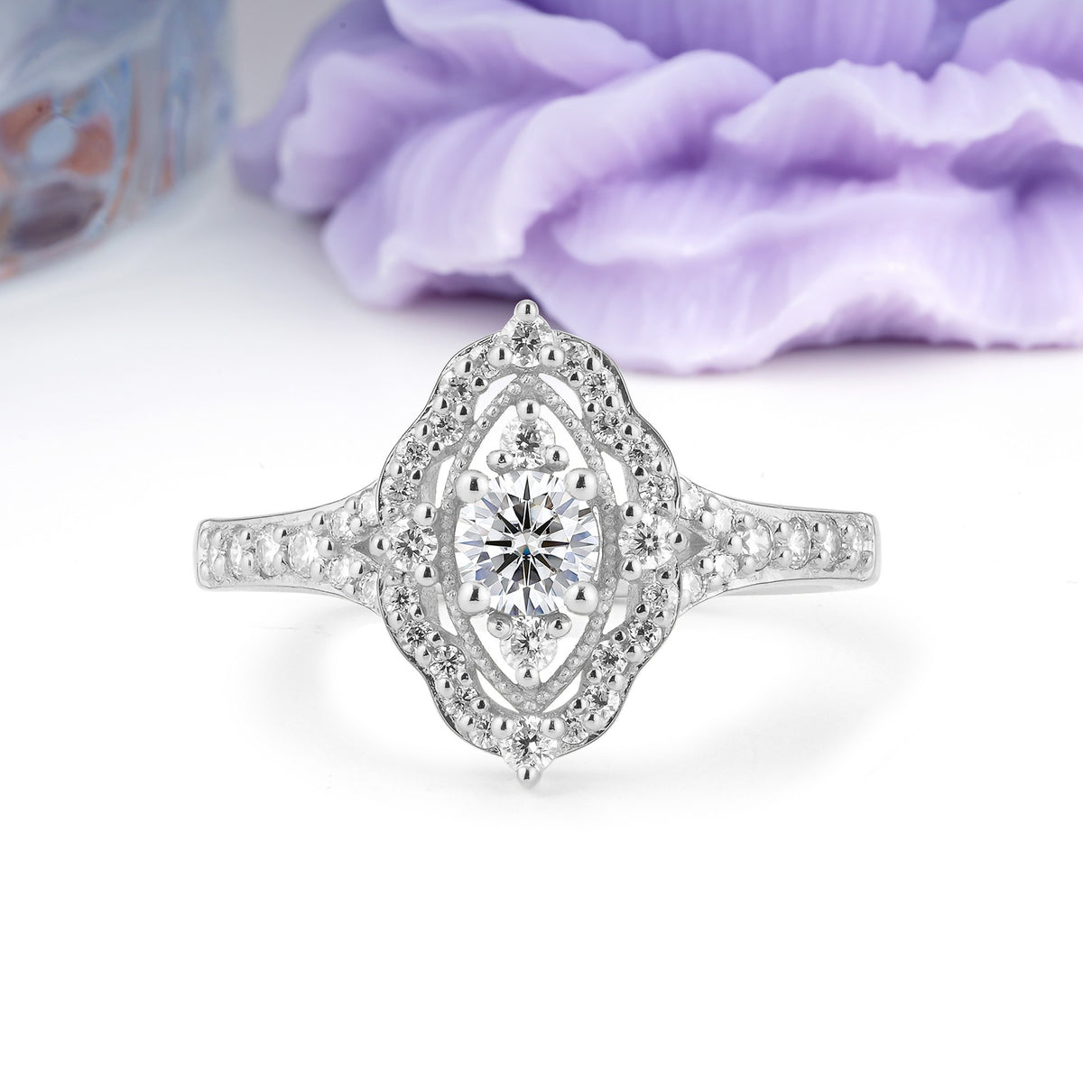 Vintage Art‑Deco Round Cut Lab Diamond Open‑Filigree Halo Engagement Ring - Additional view