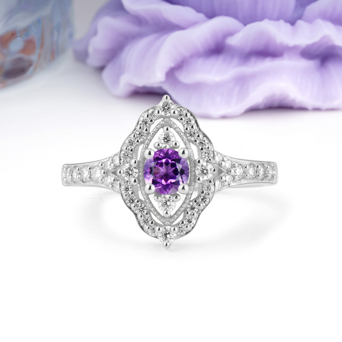 Vintage Art‑Deco Round Cut Amethyst Open‑Filigree Halo Engagement Ring - Additional view