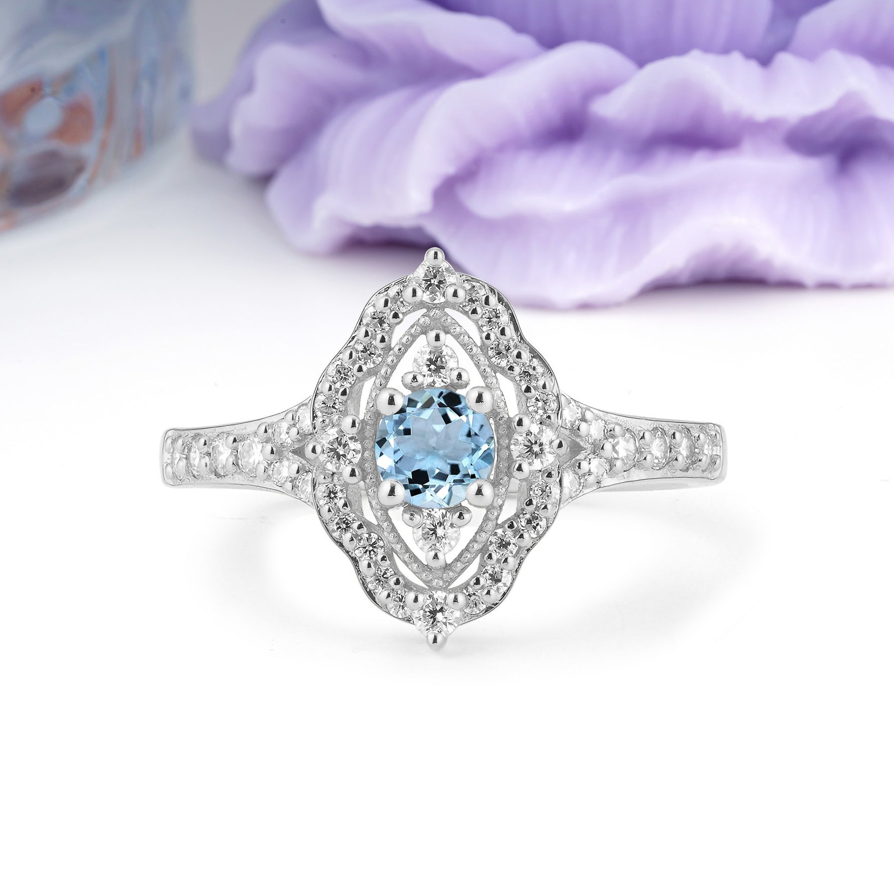 Vintage Art‑Deco Round Cut Aquamarine Open‑Filigree Halo Engagement Ring - Additional view