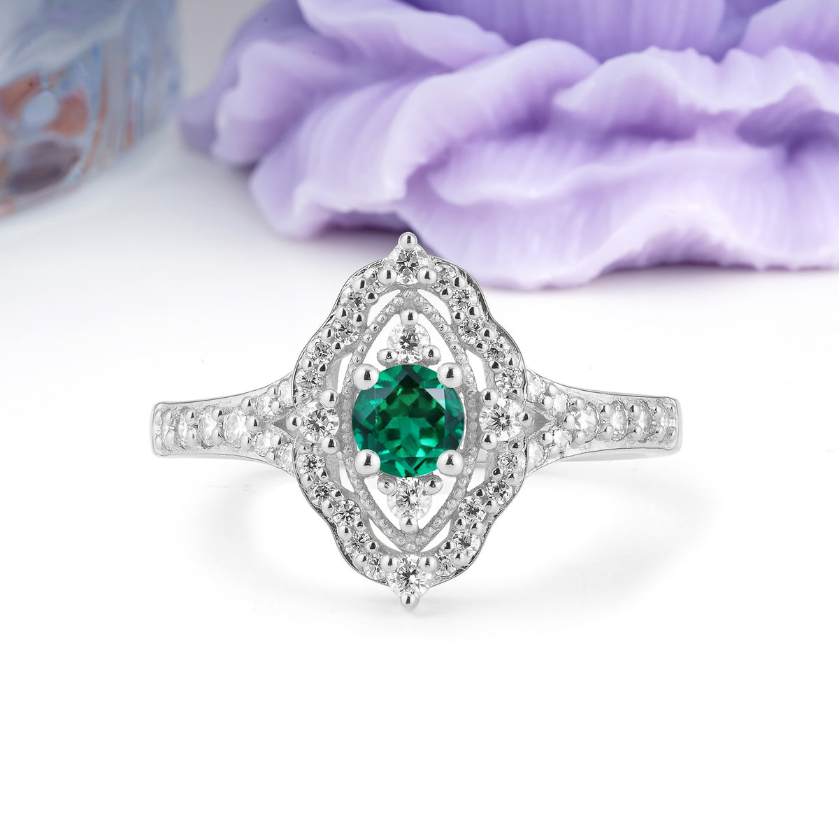 Vintage Art‑Deco Round Cut Emerald Open‑Filigree Halo Engagement Ring - Additional view