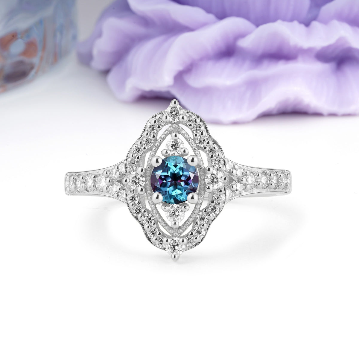 Vintage Art‑Deco Round Cut Alexandrite Open‑Filigree Halo Engagement Ring - Additional view