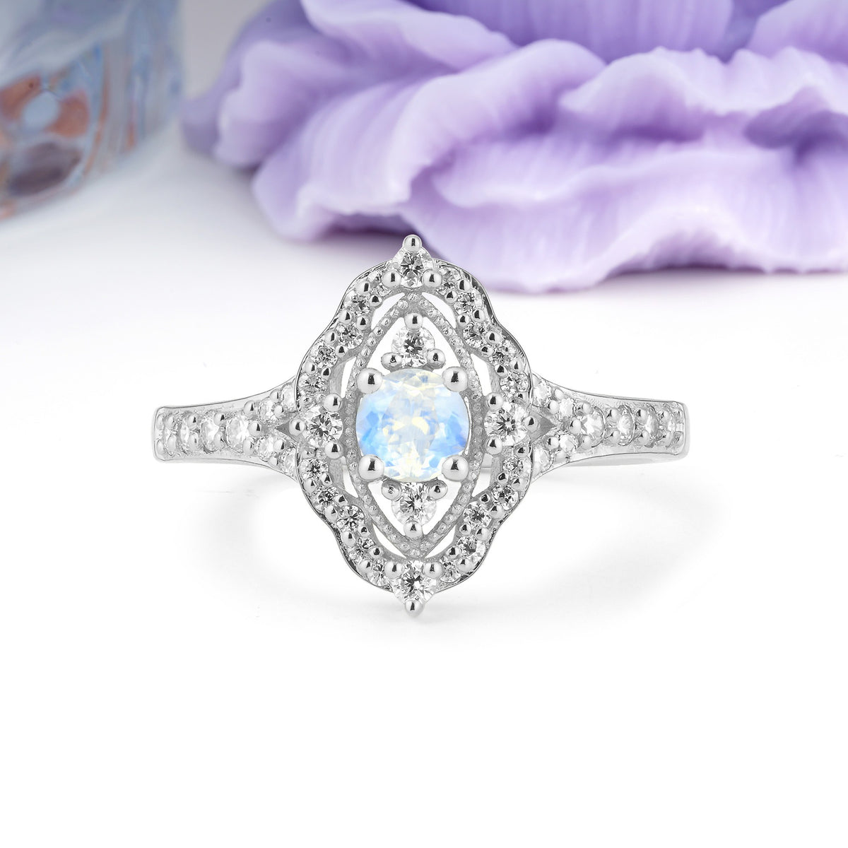 Vintage Art‑Deco Round Cut Moonstone Open‑Filigree Halo Engagement Ring - Additional view
