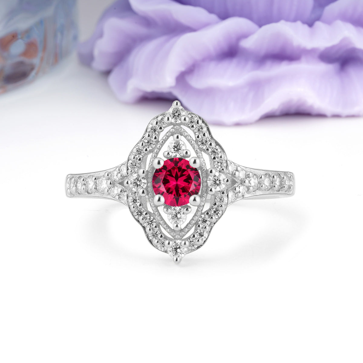 Vintage Art‑Deco Round Cut Ruby Open‑Filigree Halo Engagement Ring - Additional view
