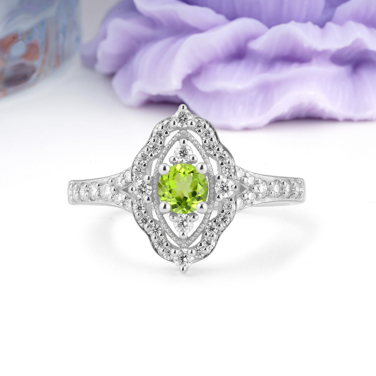Vintage Art‑Deco Round Cut Peridot Open‑Filigree Halo Engagement Ring - Additional view