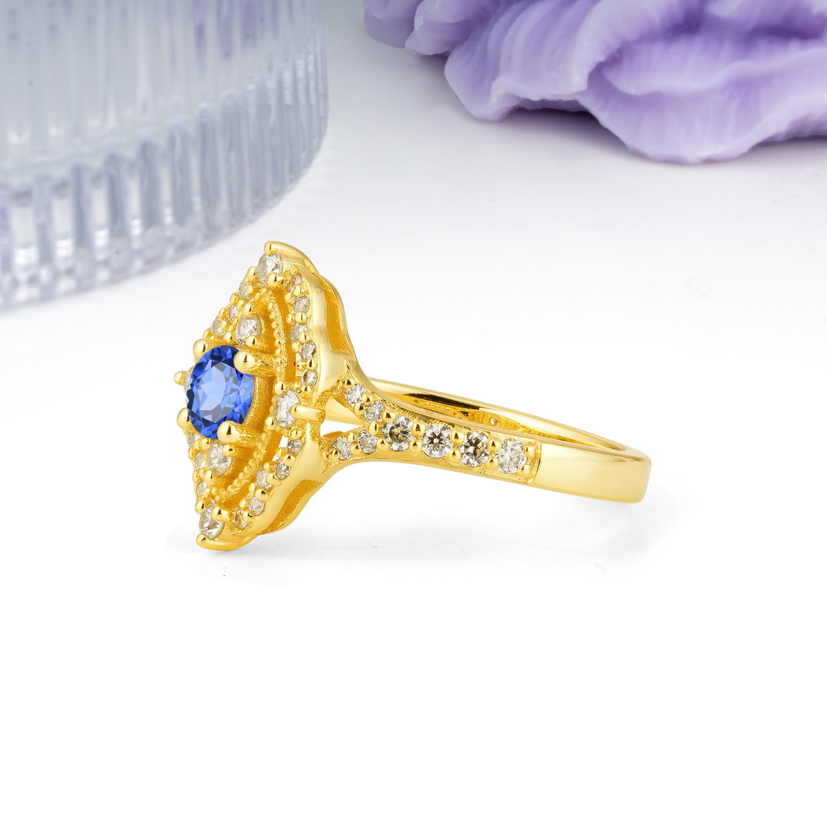 Vintage Art‑Deco Round Cut Sapphire Open‑Filigree Halo Engagement Ring - Additional view
