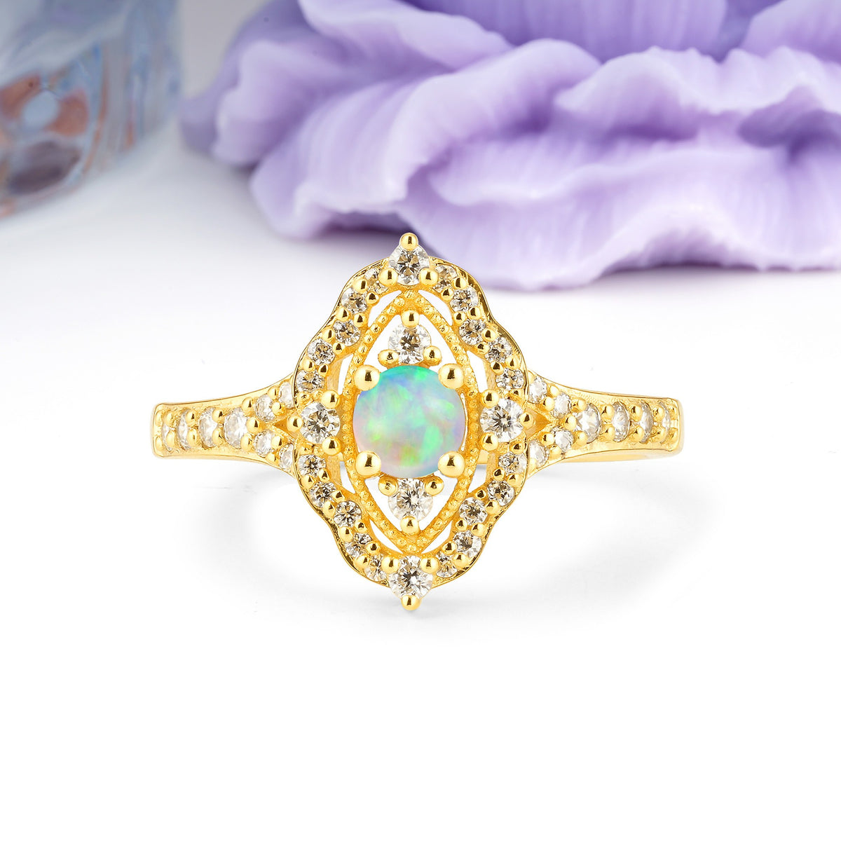 Vintage Art‑Deco Round Cut Fire Opal Open‑Filigree Halo Engagement Ring - Additional view