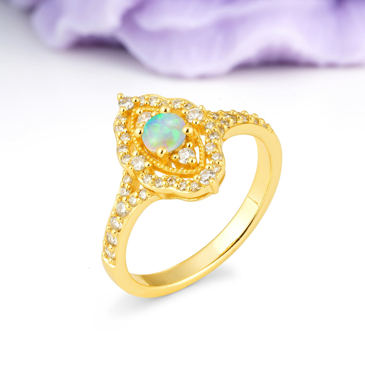 Vintage Art‑Deco Round Cut Fire Opal Open‑Filigree Halo Engagement Ring - Additional view