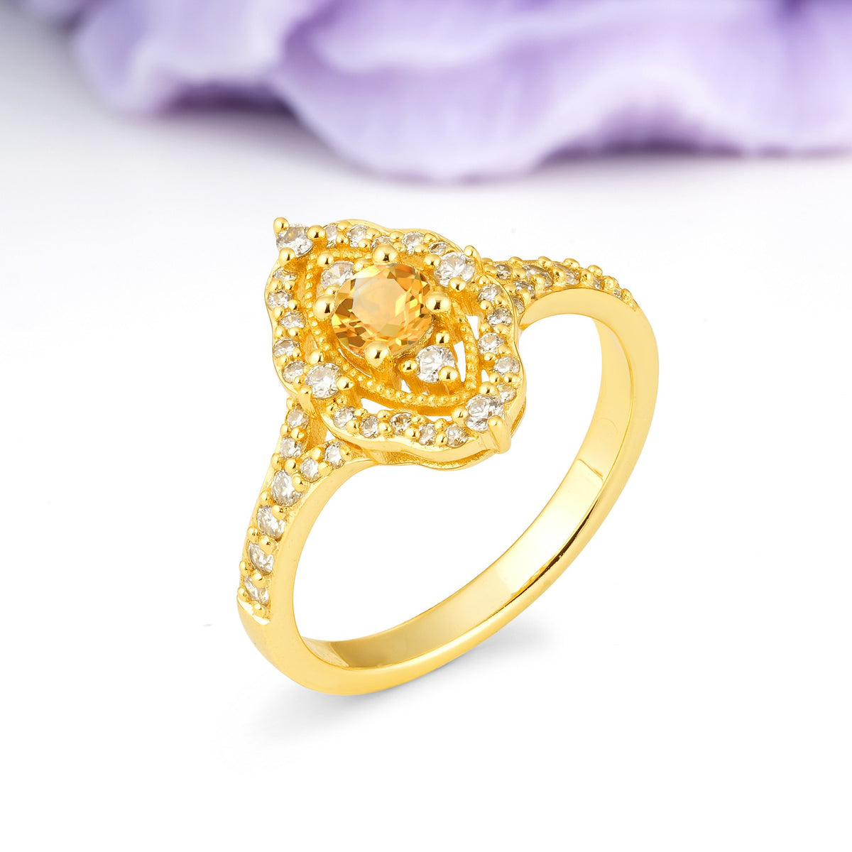 Vintage Art‑Deco Round Cut Citrine Open‑Filigree Halo Engagement Ring - Additional view