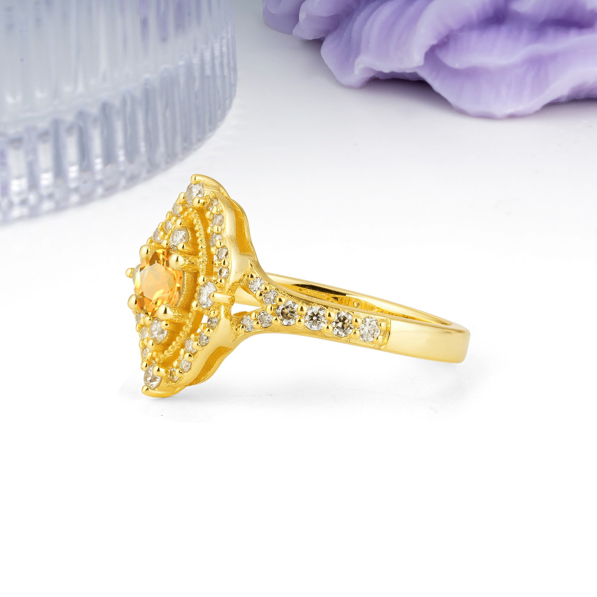 Vintage Art‑Deco Round Cut Citrine Open‑Filigree Halo Engagement Ring - Additional view